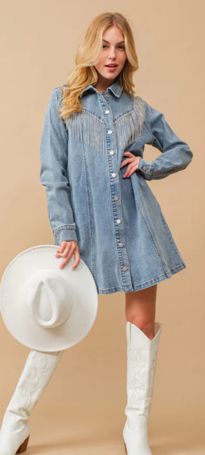 denim peasant dress Black Rhinestone Rebel Denim Dress – Osage Chic Boutique main image 1