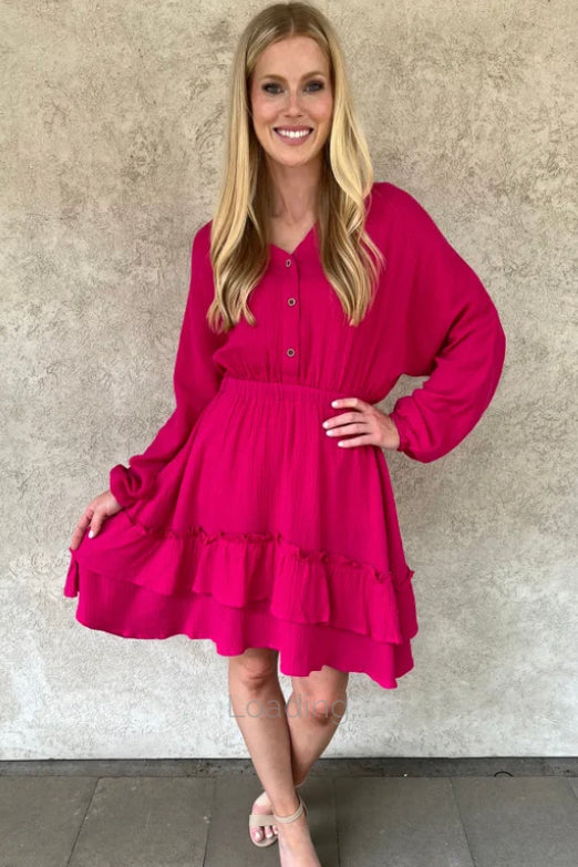 Carole Christian Magenta Gauze Ruffle Bottom Dress