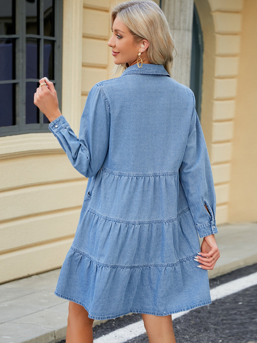 denim dress women long sleeve Denim Long Sleeve Jean Shirt Dress, Dark Blue / XL 10-12
