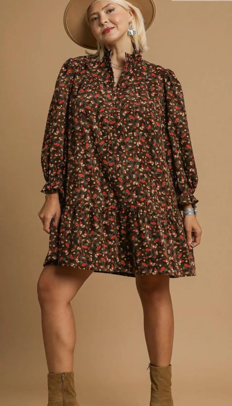 Corduroy Ruffle Hem Smocked Neck Dress