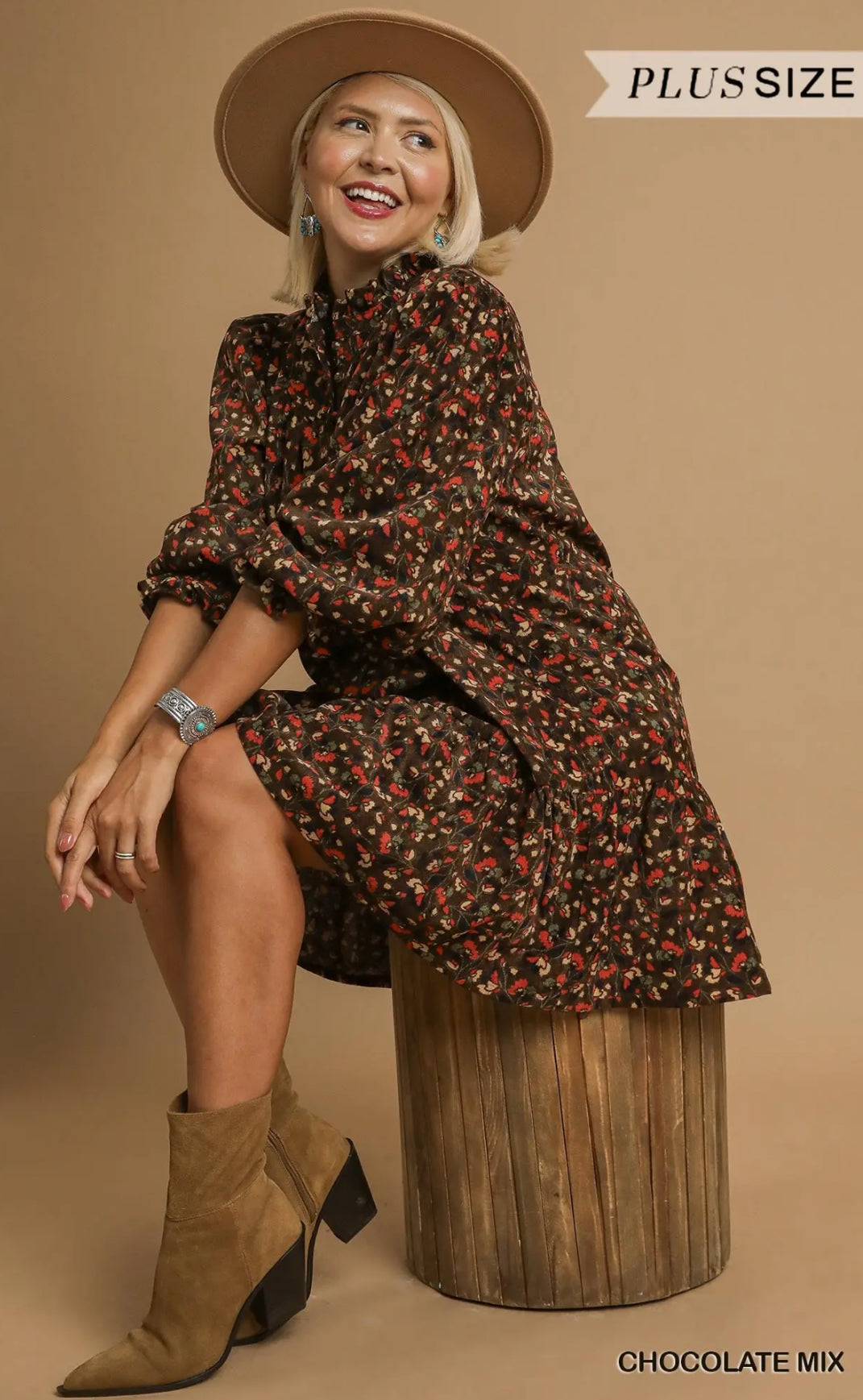 Corduroy Ruffle Hem Smocked Neck Dress