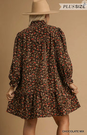 Corduroy Ruffle Hem Smocked Neck Dress