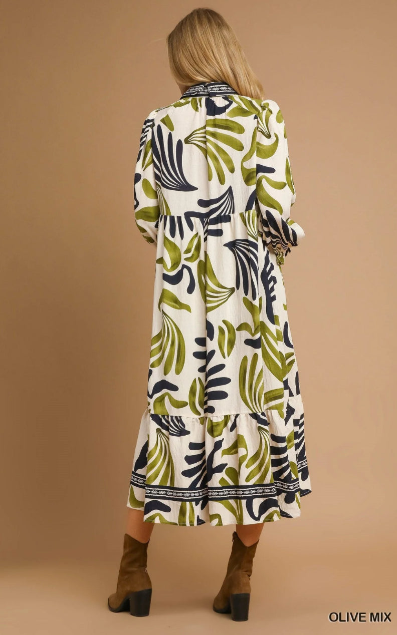 Umgee Boho Leafy Print Maxi Dress - Olive