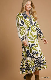 Umgee Boho Leafy Print Maxi Dress - Olive