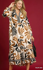 Umgee Boho Leafy Print Maxi Dress - Brown