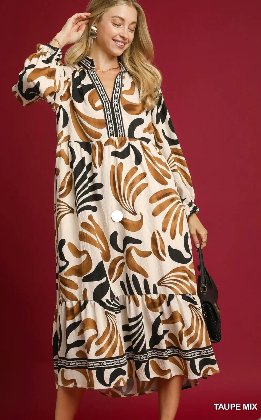 Umgee Boho Leafy Print Maxi Dress - Brown
