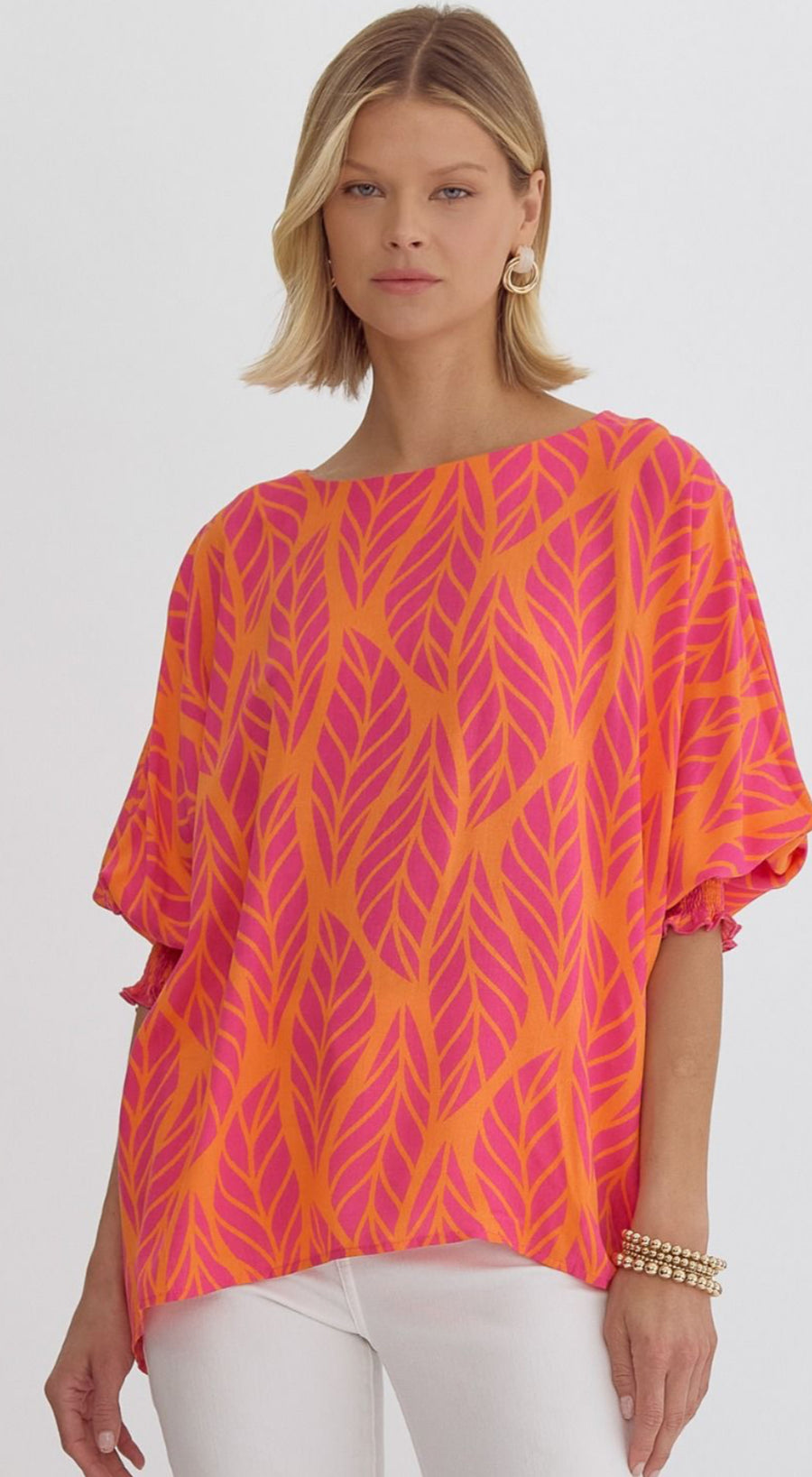 Entro Round Neck Leaf Print Top