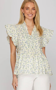 Ruffle Sleeve Smocked Top Blue
