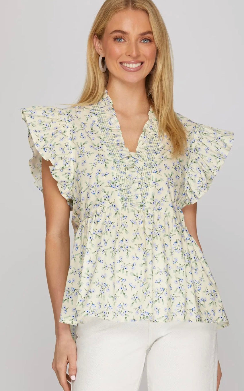 Ruffle Sleeve Smocked Top Blue