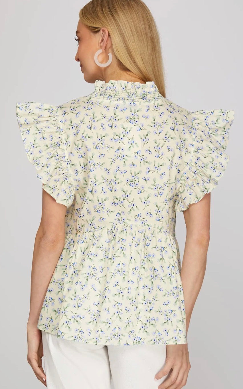 Ruffle Sleeve Smocked Top Blue