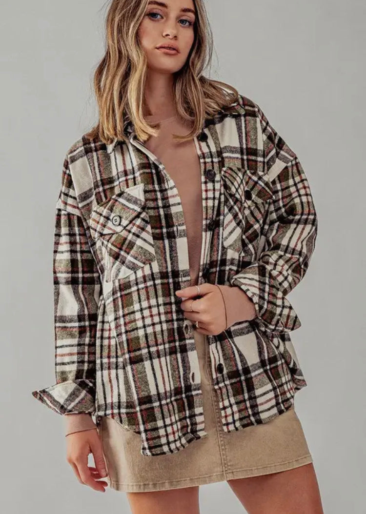 Brown Plaid Shacket with Curved Hem