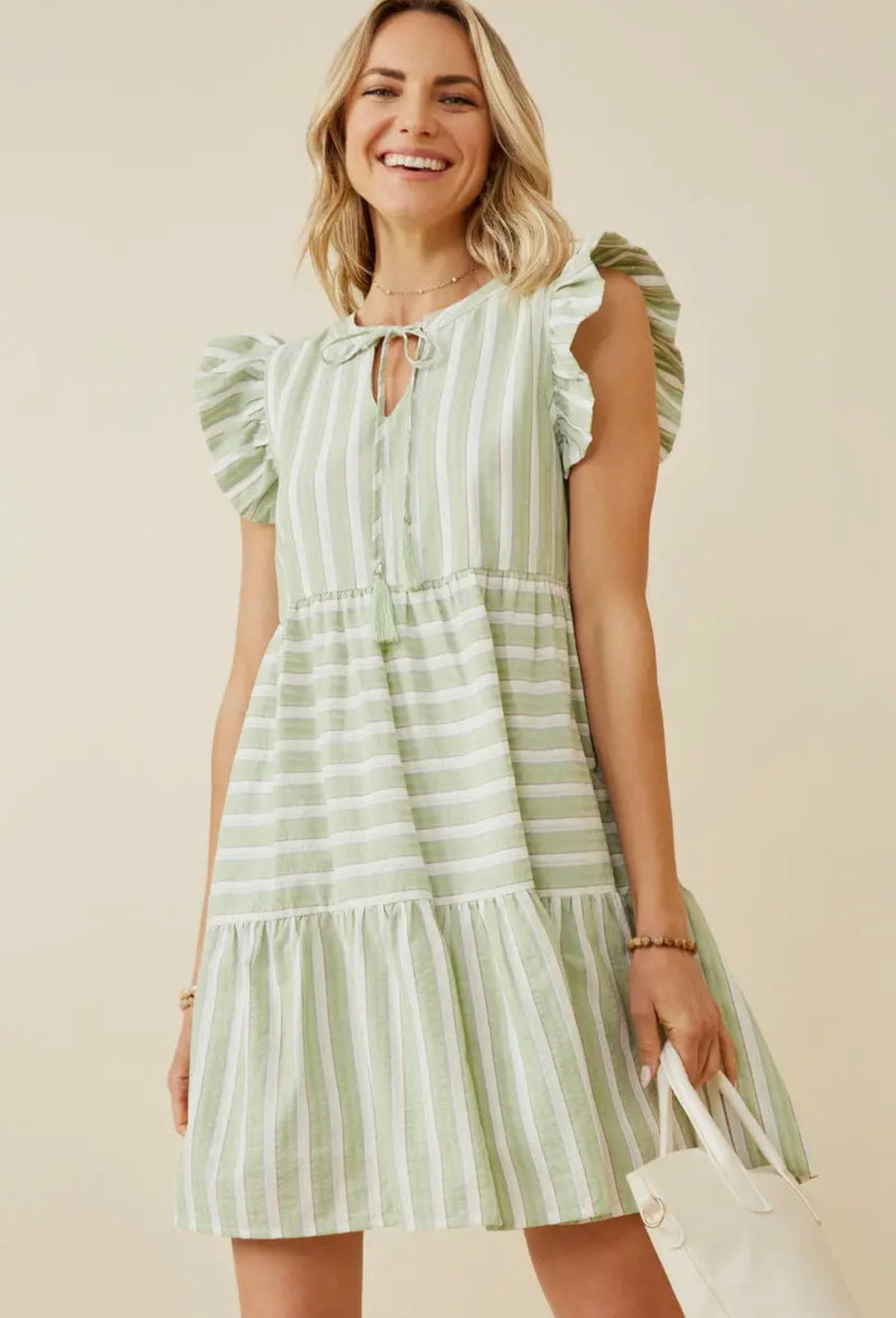 Hayden Womens Stripe Block Ruffled Tassel Tie Dress