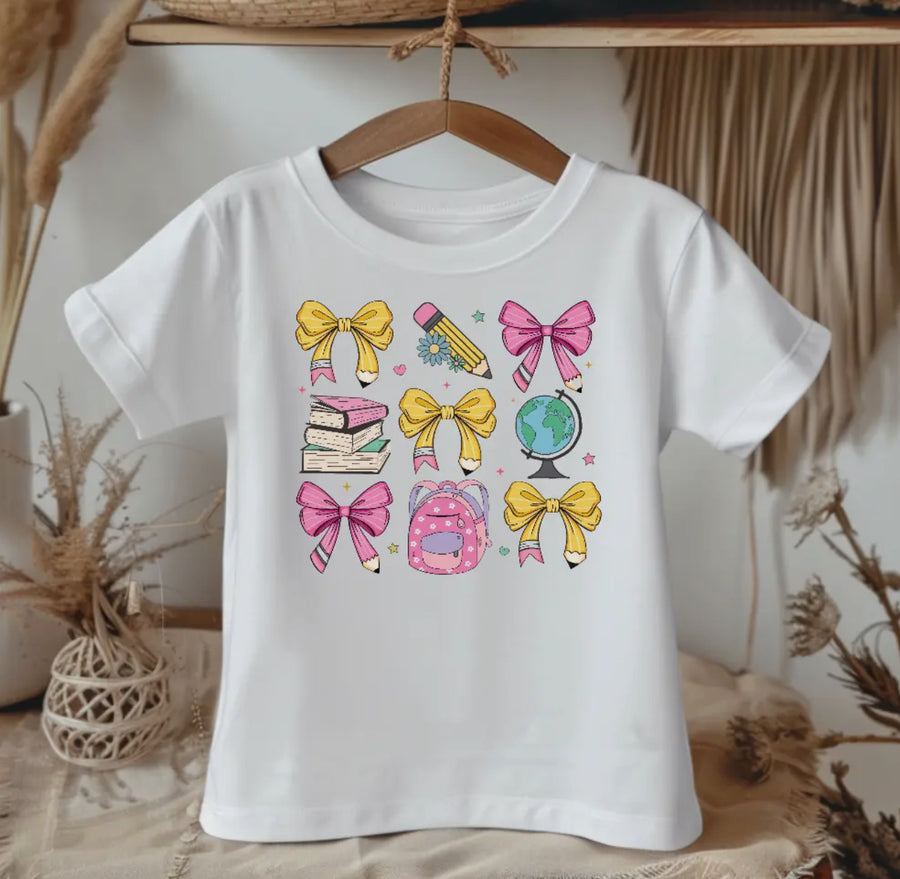 Back To School Coquette Pencil Bows Girls White Tee Shirt