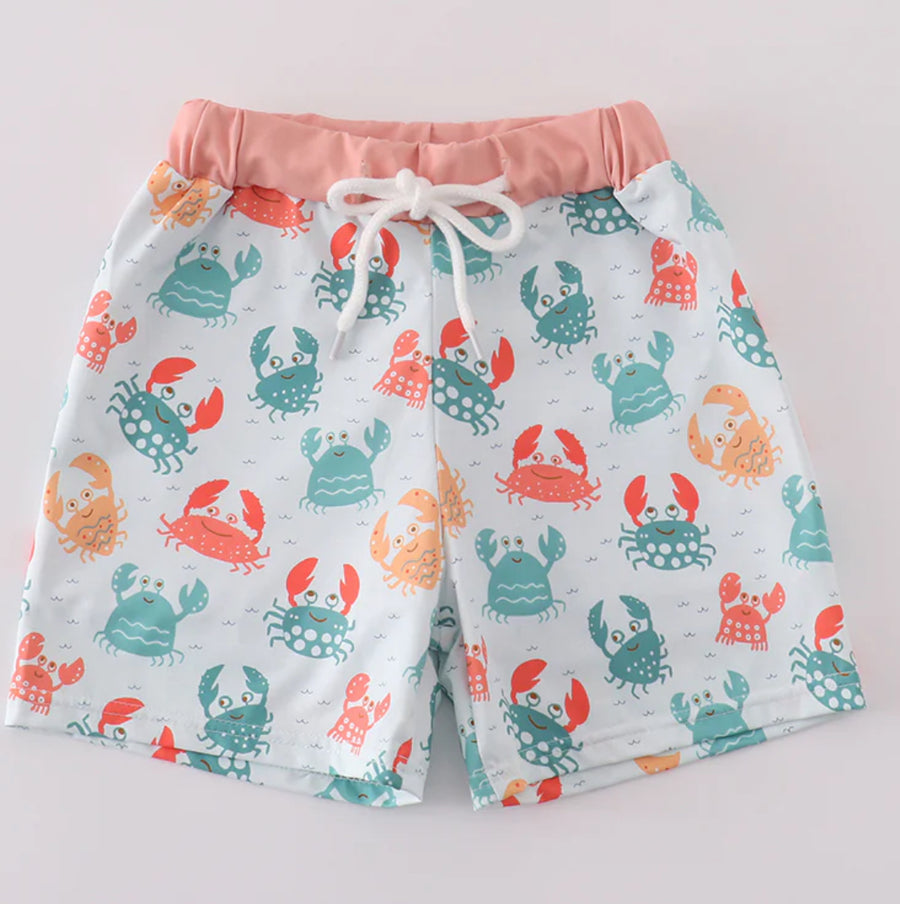 Green Crab Print Swim Trunks