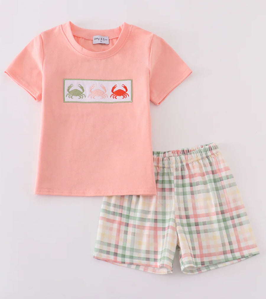 Crab Embroidery Plaid Shorts Set