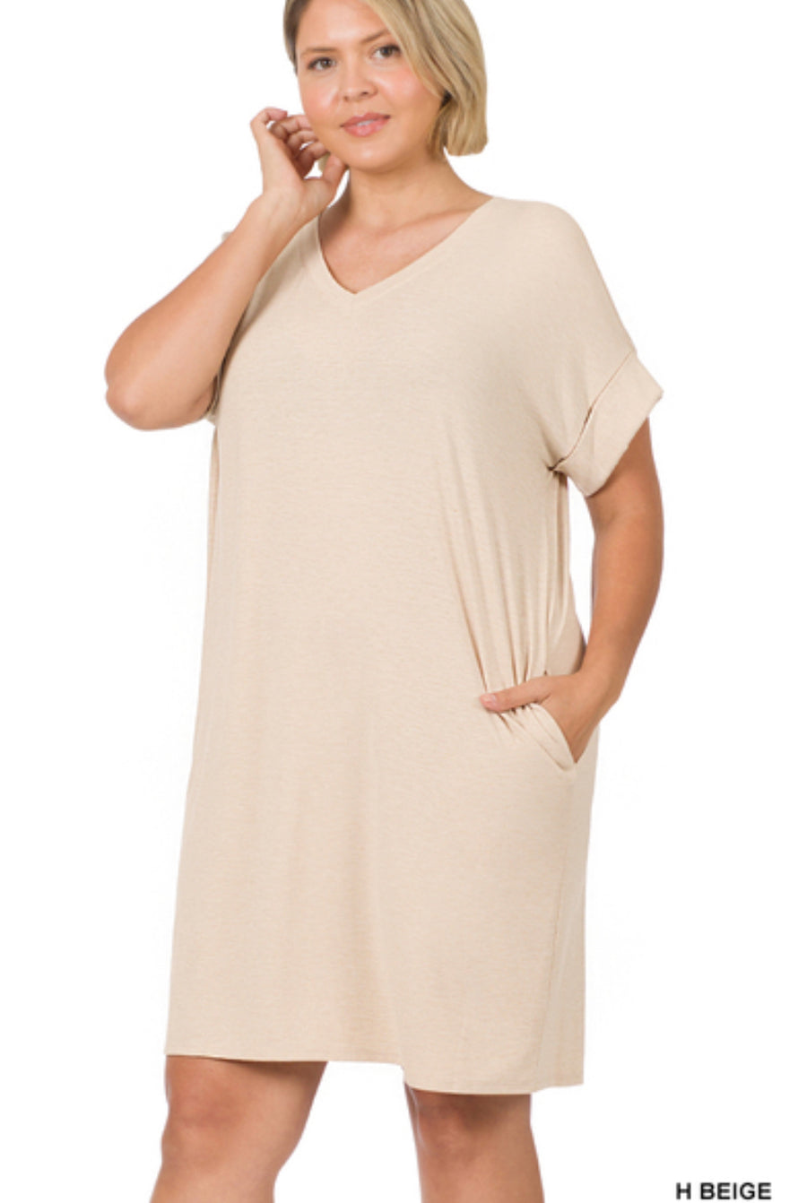 Short Sleeve V Neck Plus Basic Dress