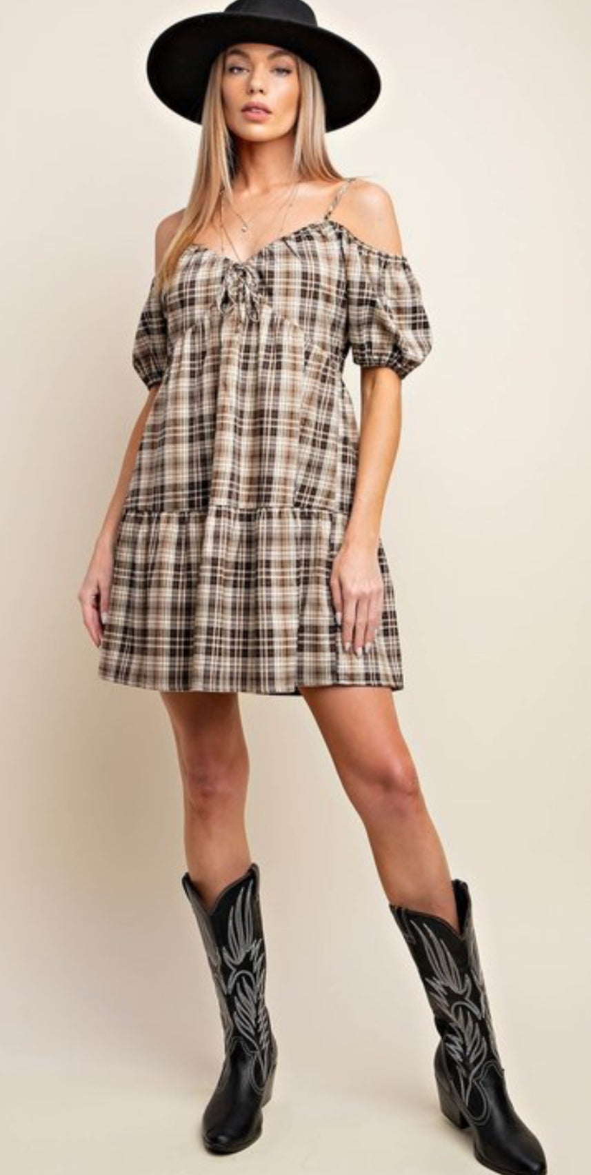 Plaid Fall Off Shoulder Dress