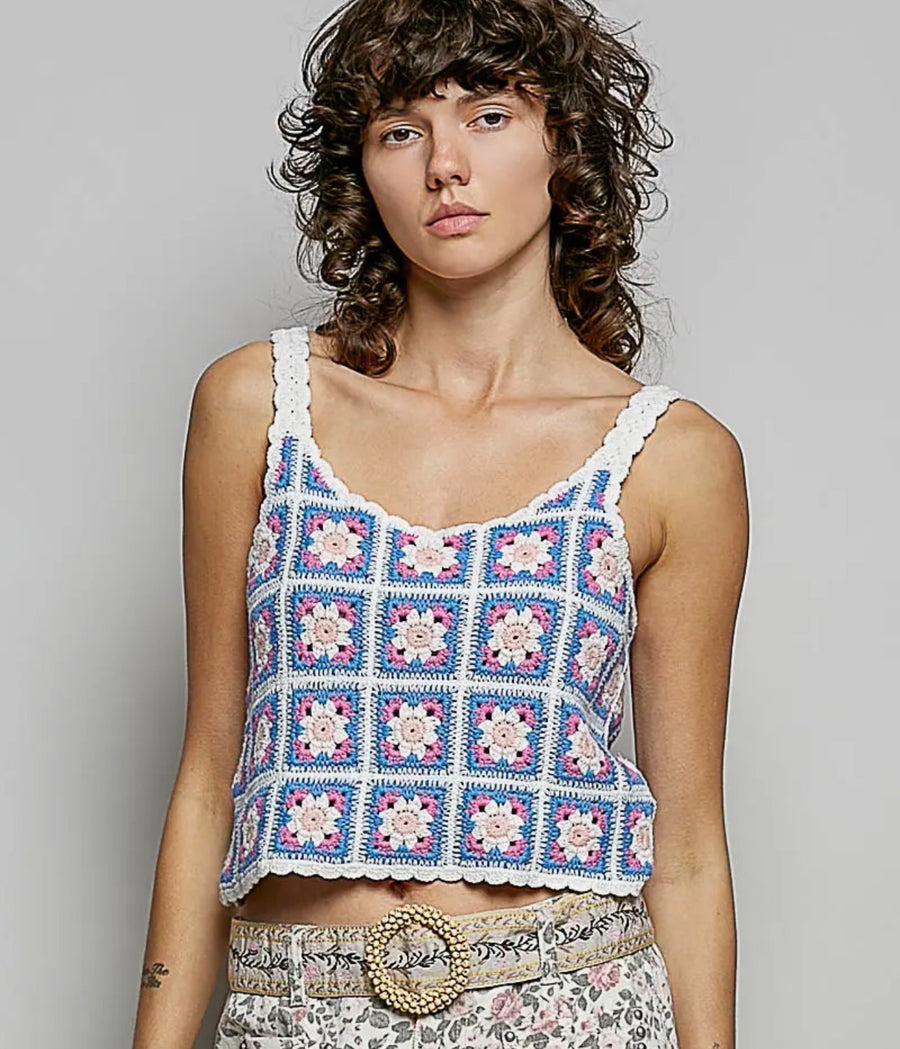 Round Neck Sleeveless Granny Square Crochet Knit Top - One Size