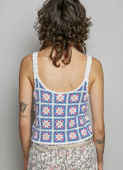 Round Neck Sleeveless Granny Square Crochet Knit Top - One Size