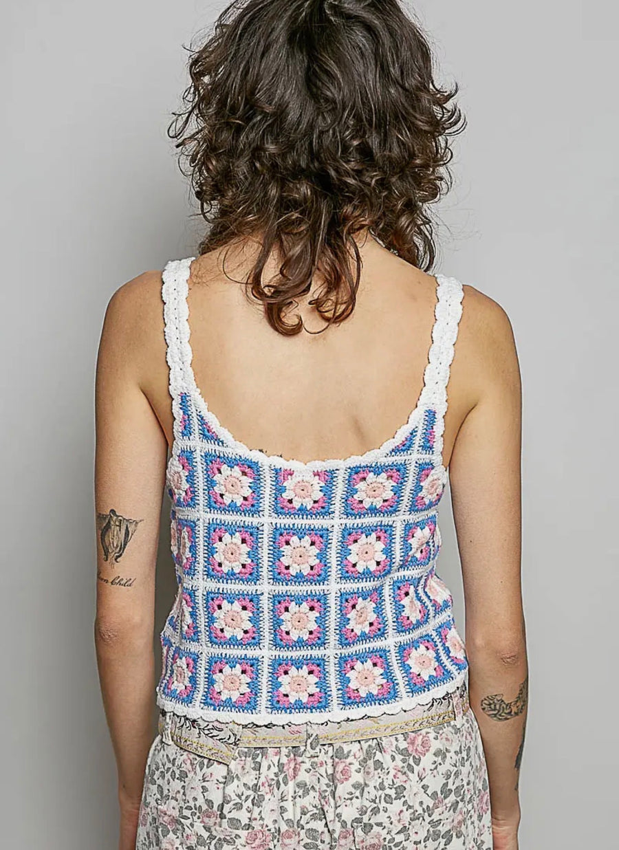 Round Neck Sleeveless Granny Square Crochet Knit Top - One Size