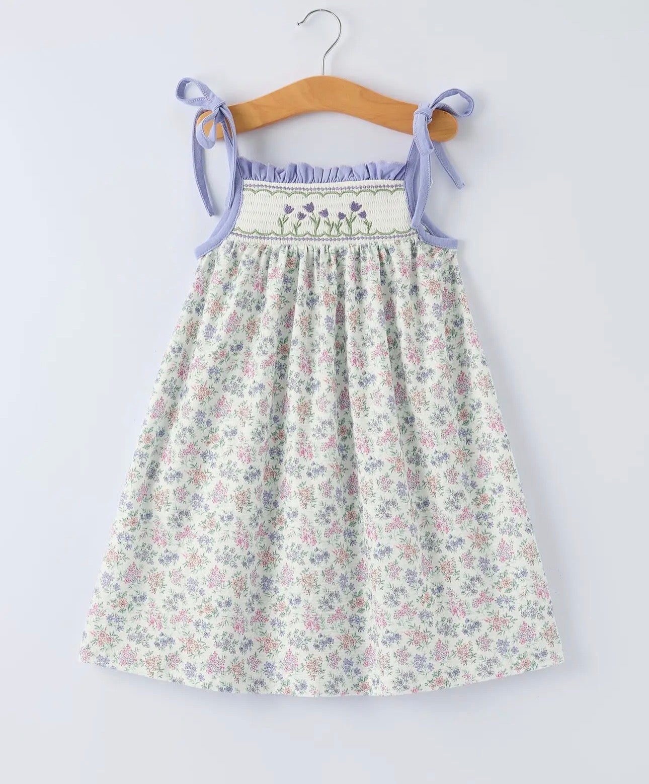 Spring Purple Floral Embroidered Smocked Bow Girl Dress