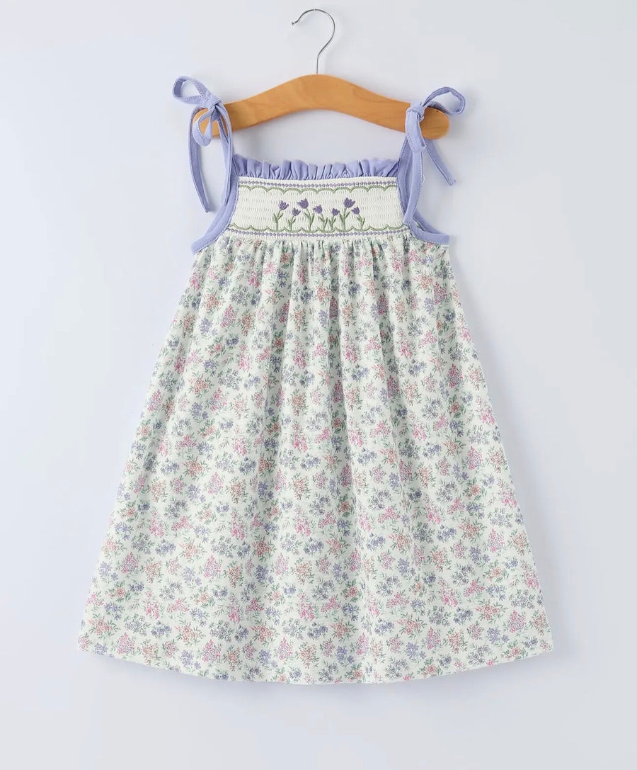 Spring Purple Floral Embroidered Smocked Bow Girl Dress