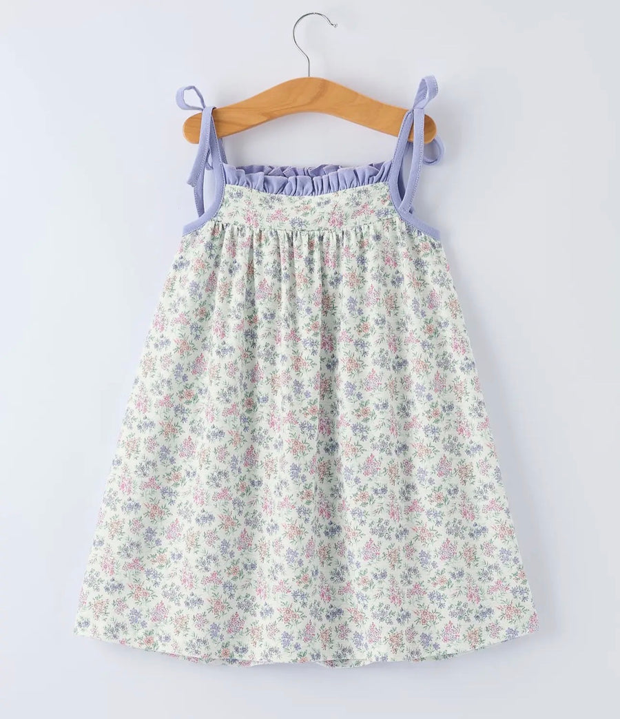 Spring Purple Floral Embroidered Smocked Bow Girl Dress