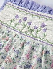 Spring Purple Floral Embroidered Smocked Bow Girl Dress