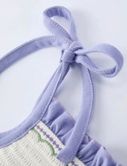 Spring Purple Floral Embroidered Smocked Bow Girl Dress