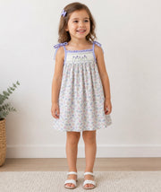 Spring Purple Floral Embroidered Smocked Bow Girl Dress