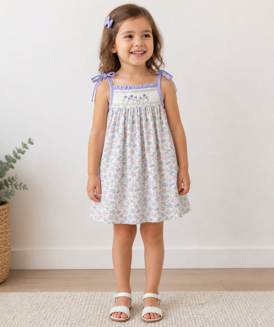 Spring Purple Floral Embroidered Smocked Bow Girl Dress