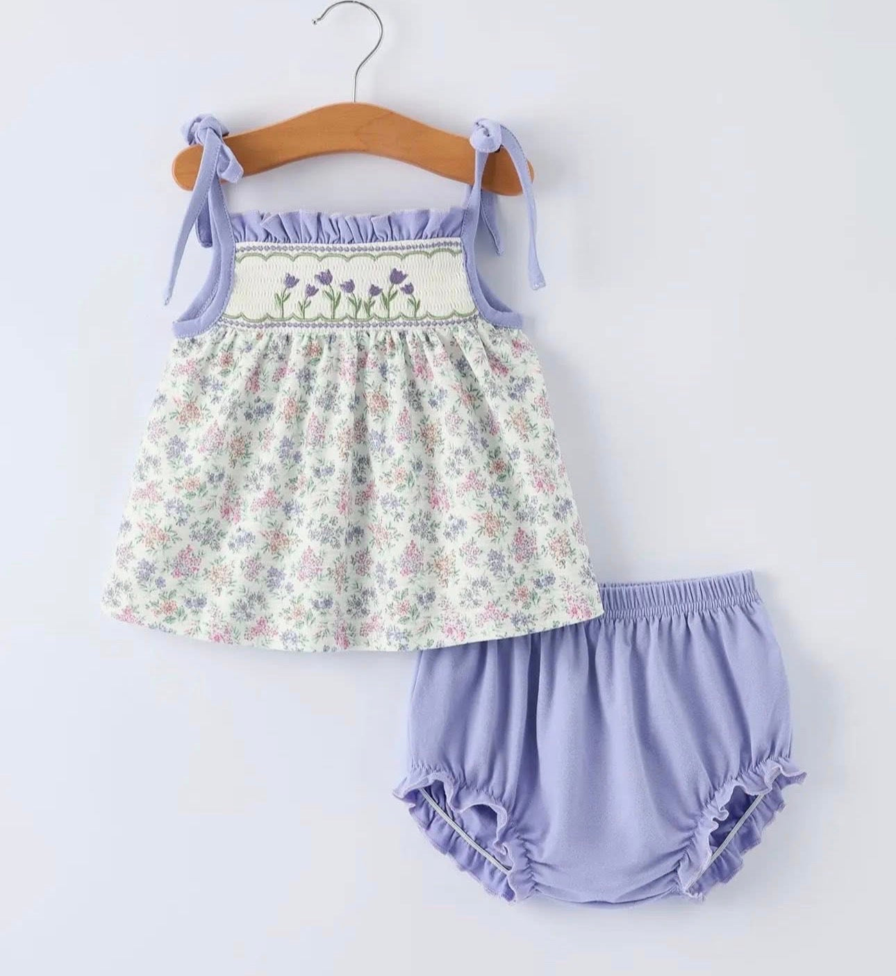 Purple Floral Smocked Embroidery Baby Girls Bloomers Set