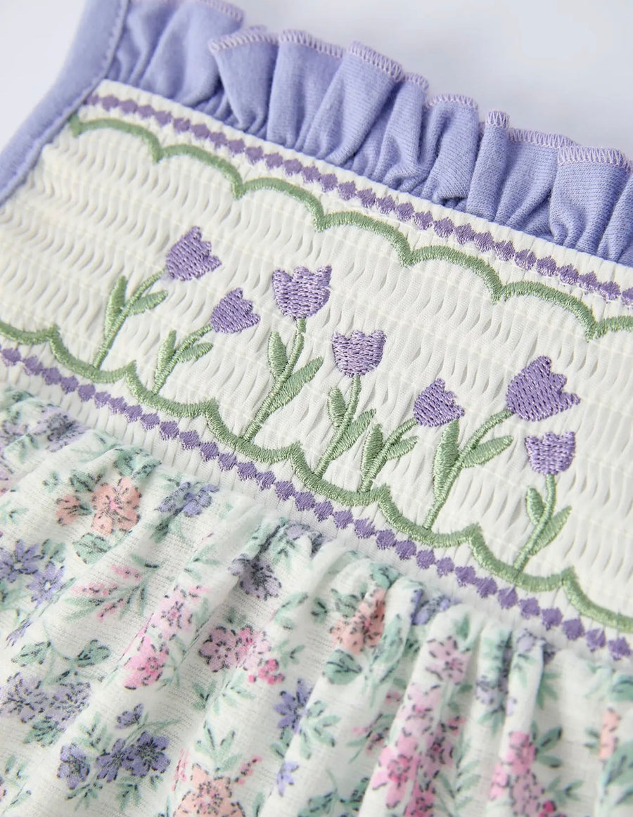 Purple Floral Smocked Embroidery Baby Girls Bloomers Set