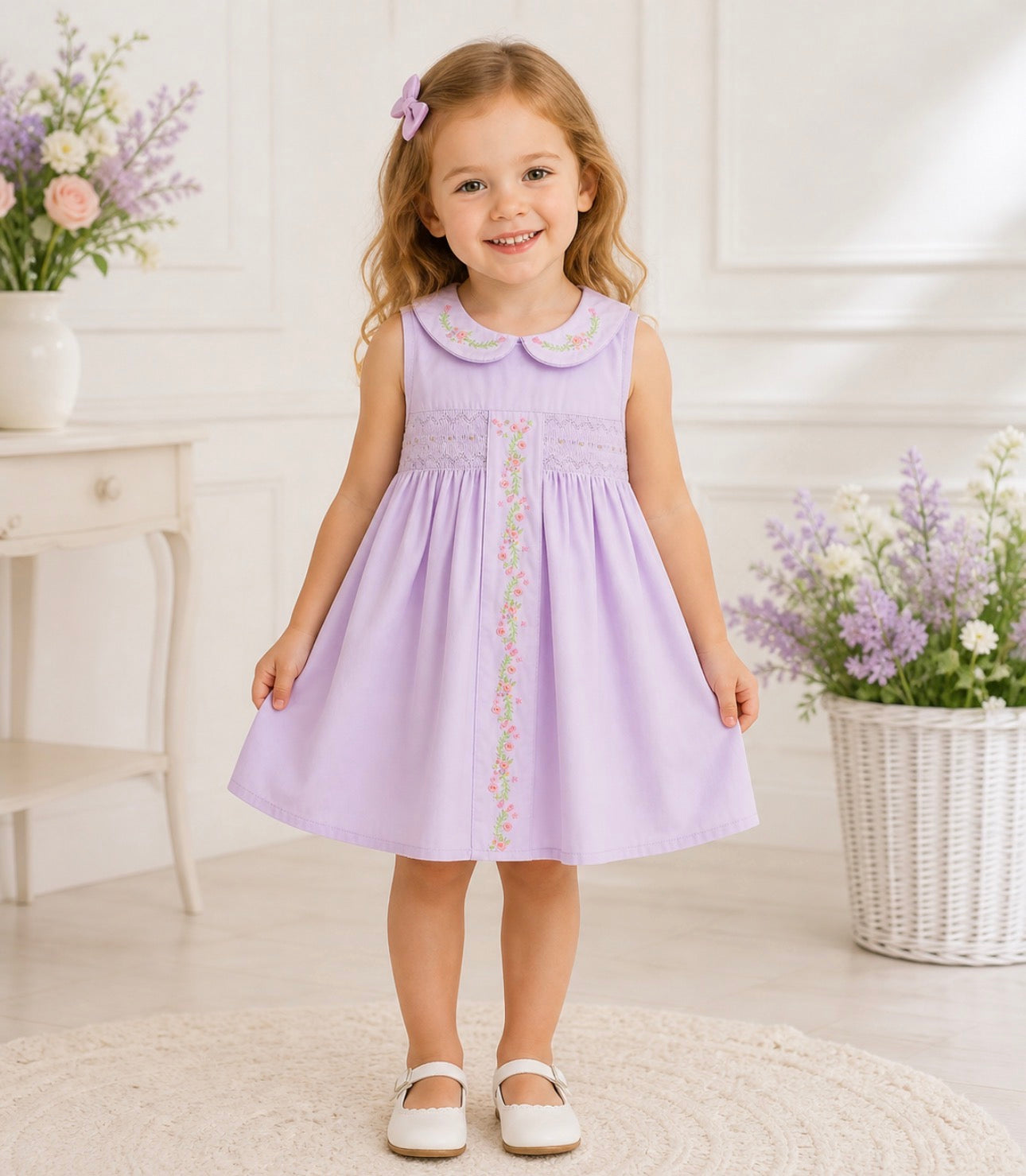 Spring Purple Floral Embroidered Smocked Bow Girl Dress (Copy)