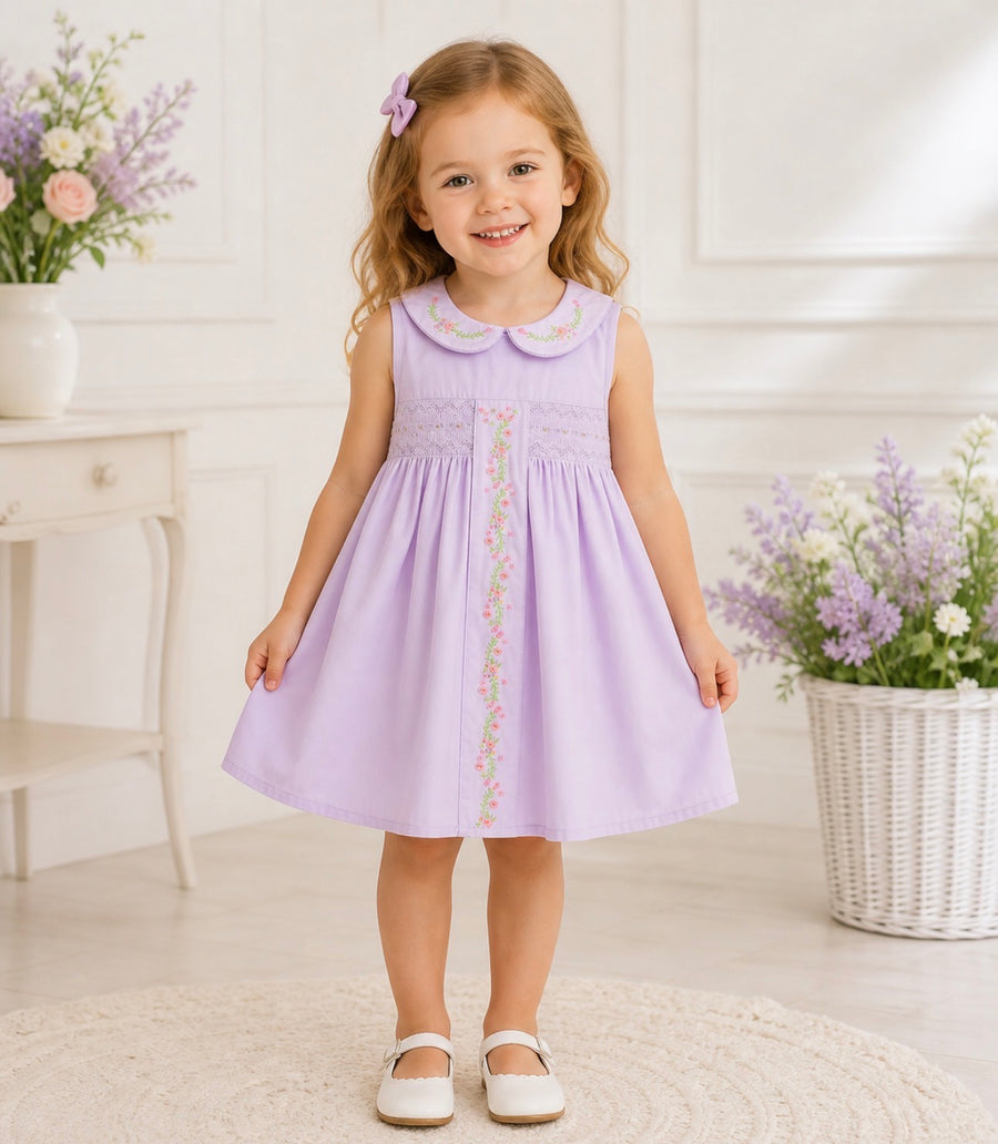 Spring Purple Floral Embroidered Smocked Bow Girl Dress (Copy)