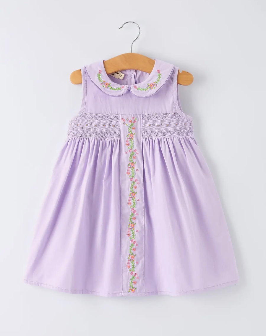 Spring Purple Floral Embroidered Smocked Bow Girl Dress (Copy)