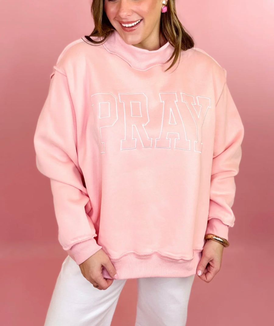 Bucketlist Oversized Mock Neck Pray Embroidered Sweatshirt