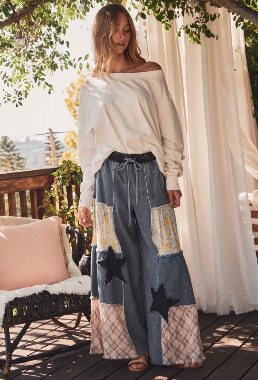 Mixed Fabric Patchwork Wide leg Pants
