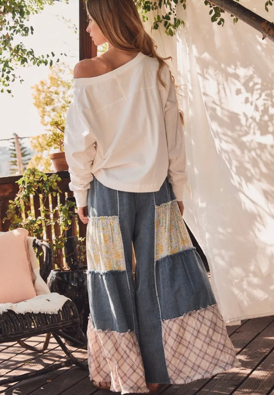 Mixed Fabric Patchwork Wide leg Pants