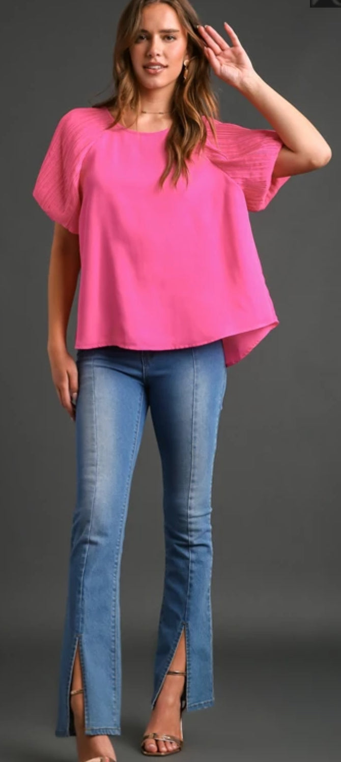 UmGee Round Neck Pleated Balloon Sleeve Top
