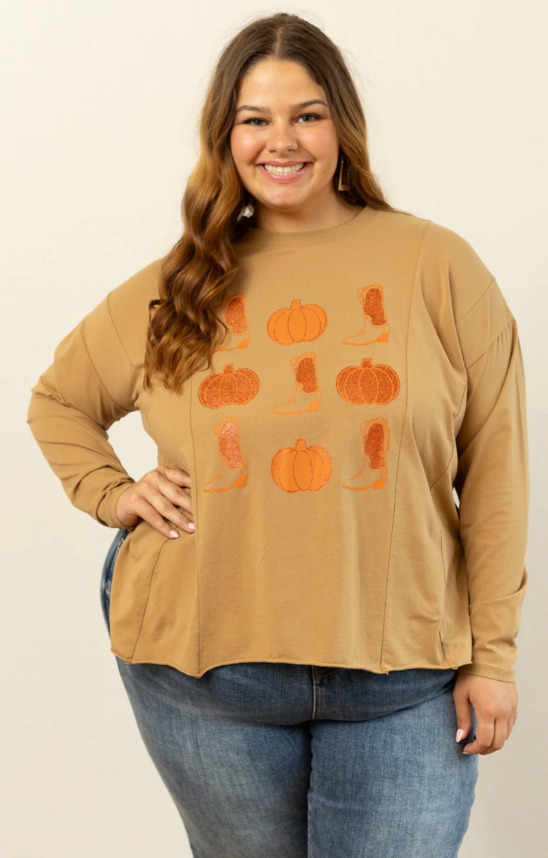 Emma & Grace BOOTS AND PUMPKINS ON TAN LONG-SLEEVED T-SHIRTS WITH SIDE STITCHING