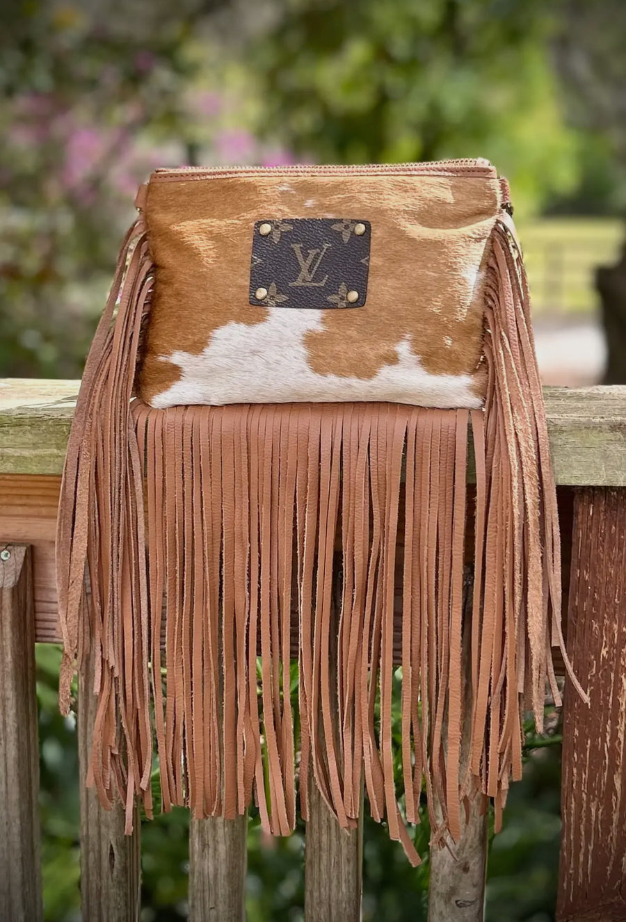 Upcycled Lv Cowhide Leather Fringe Crossbody Bag Western