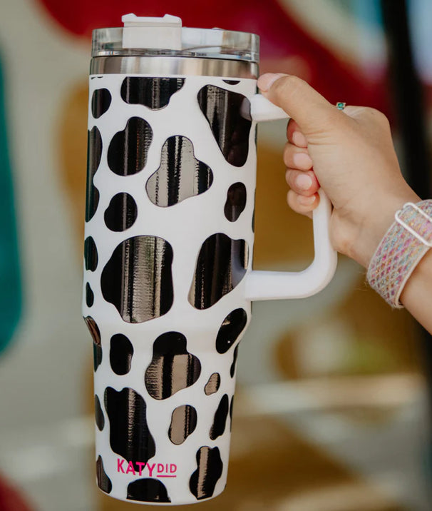 BLACK/WHITE COW PRINT STAINLESS STEEL TUMBLER