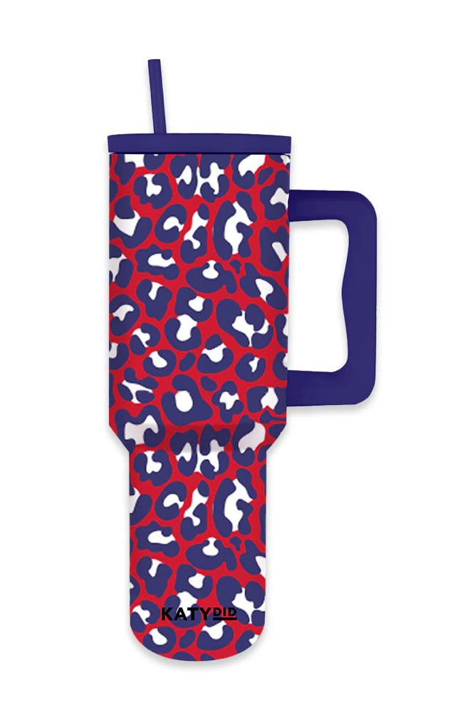 RED, WHITE, BLUE LEOPARD WHOLESALE 38 OZ TUMBLER W/ HANDLE