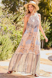 Main Strip Round Neck Back Tie Maxi