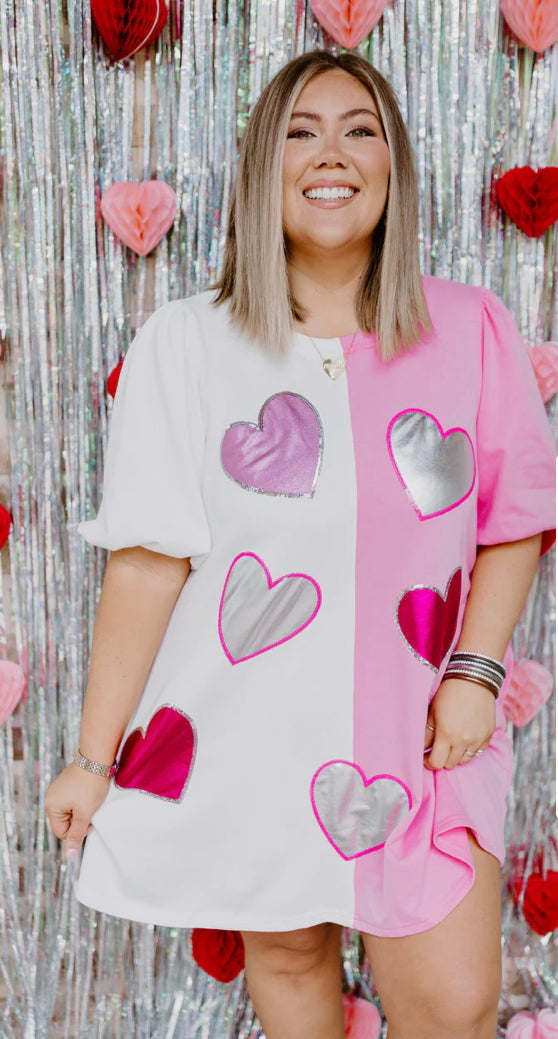 WHITE AND PINK COLORBLOCK METALLIC HEARTS DRESS