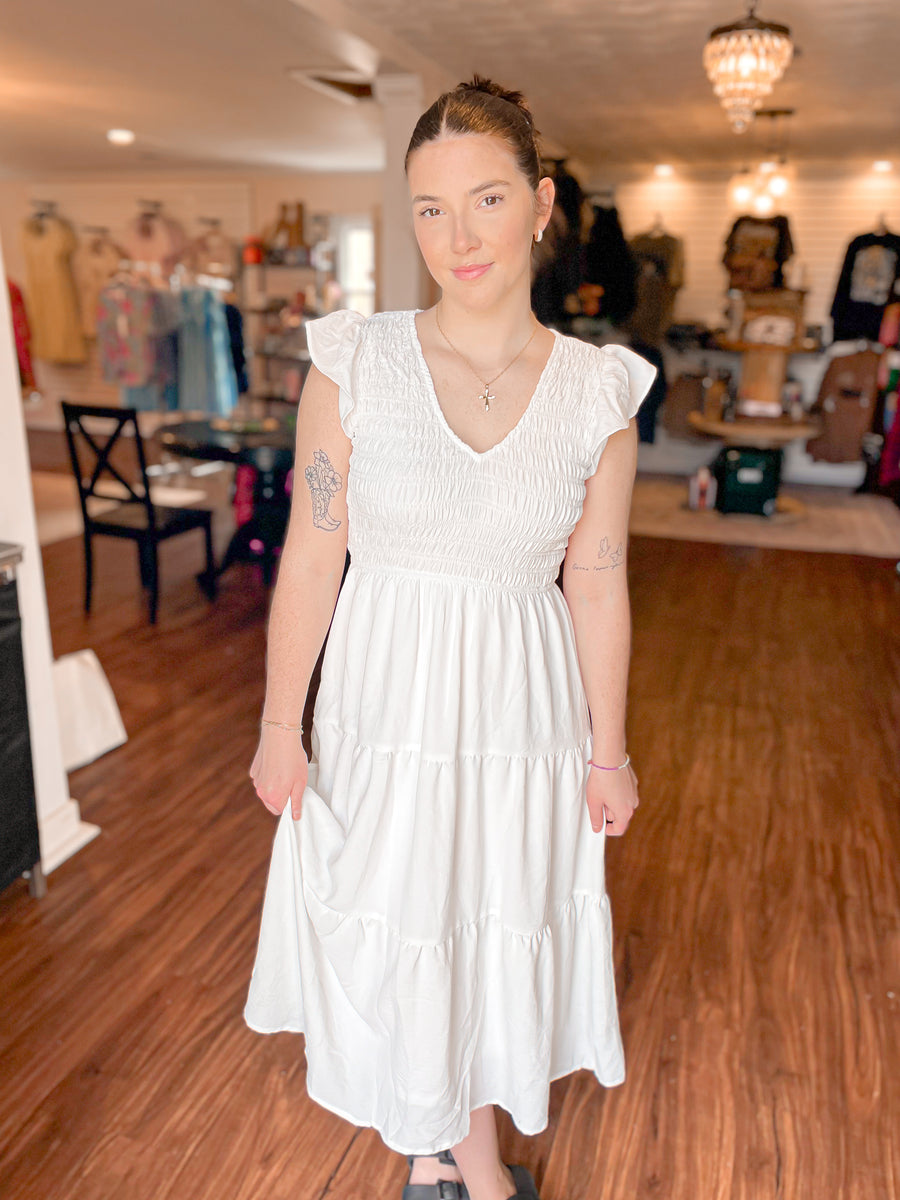 White Smocked Midi Dress