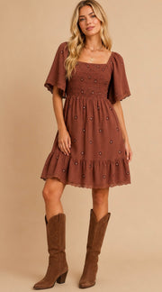 Floral Embroidered Dress / Blue & Brown