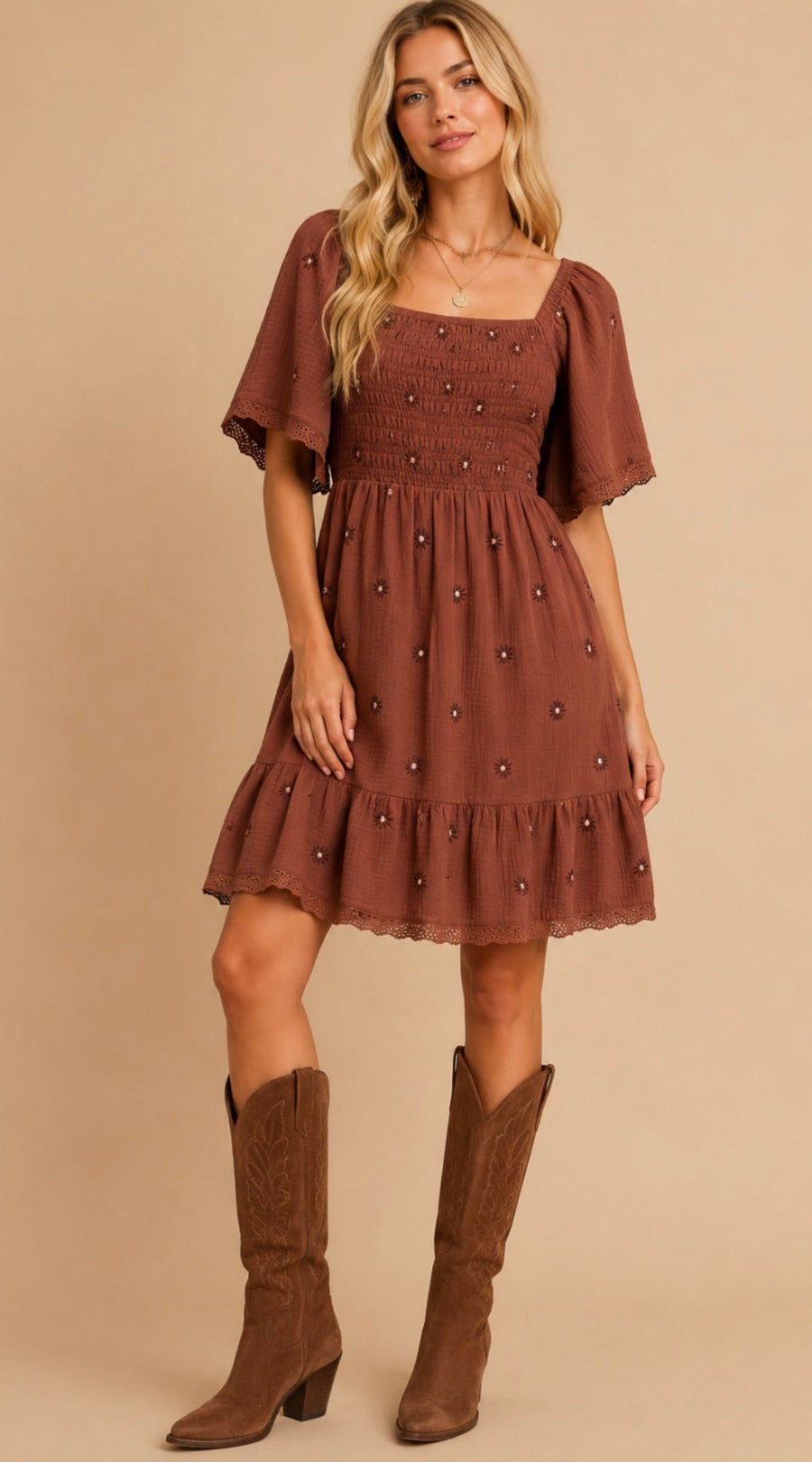 Floral Embroidered Dress / Blue & Brown