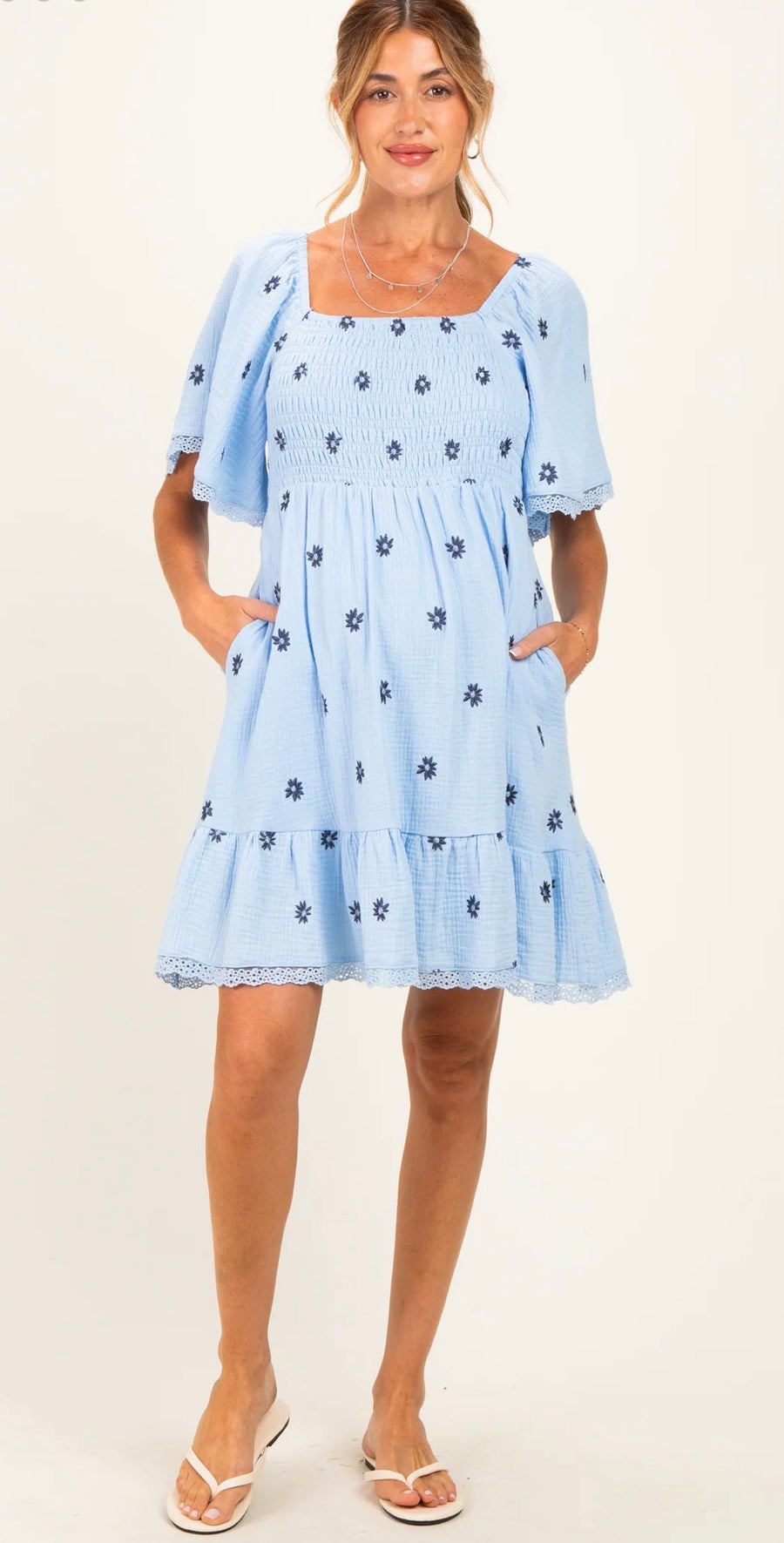 Floral Embroidered Dress / Blue & Brown